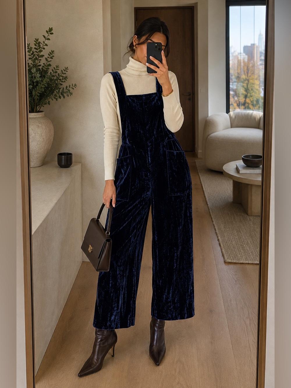Zara Navy Blue Velvet Wide-Leg Overall Jumpsuit Size M